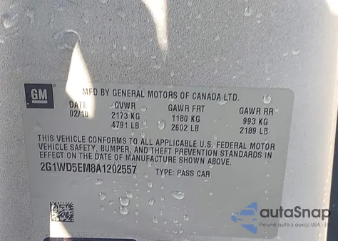 2010 Chevrolet Impala Police z USA, uszkodzony, nr VIN 2G1WD5EM8A1202557